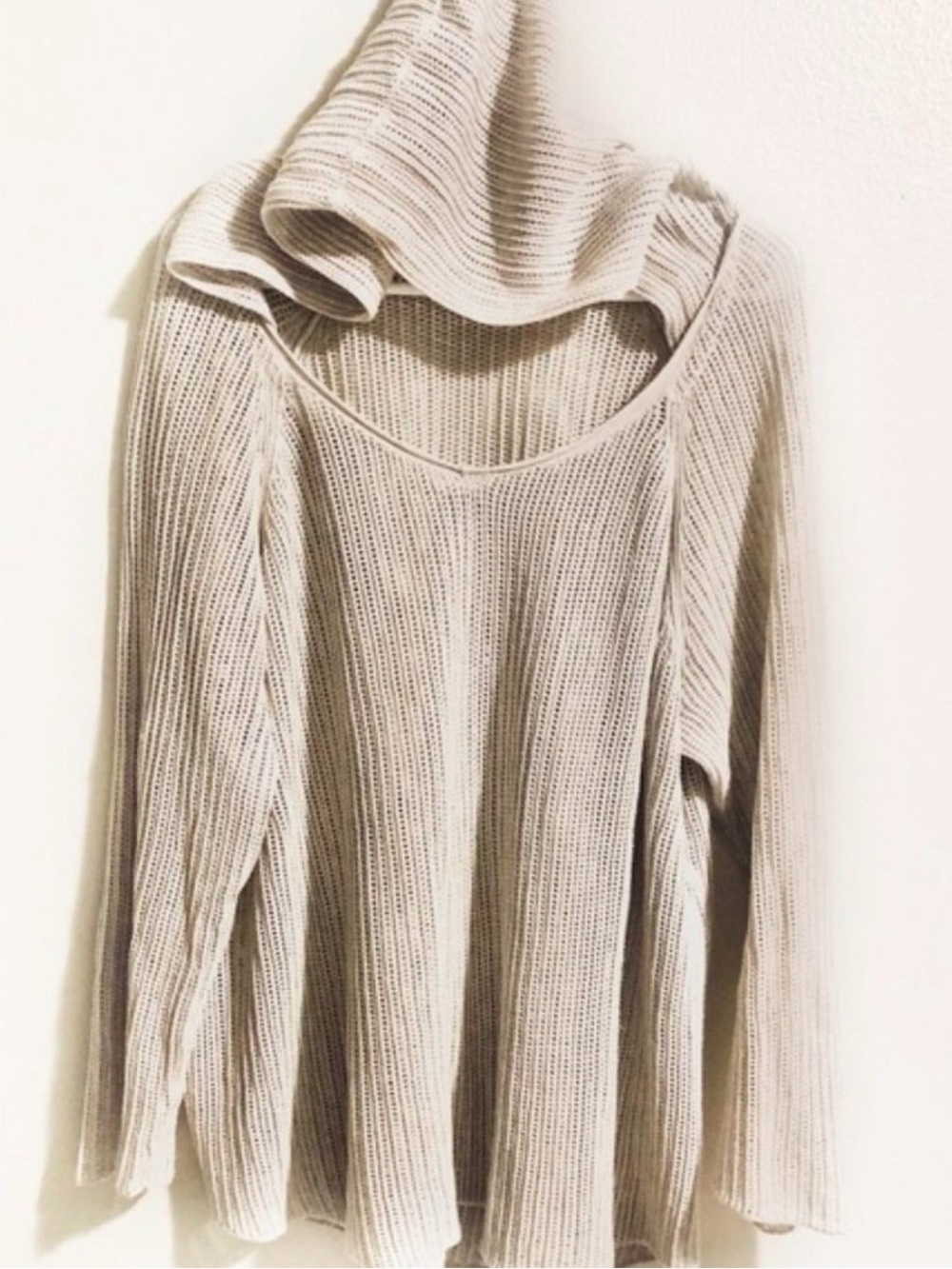 Eileen Fisher Cream Organic Cotton Beachy Open Knit Ribbed Hooded Sweater Top XL
